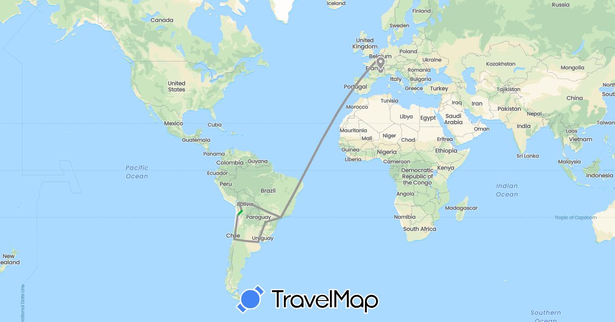 TravelMap itinerary: driving, bus, plane in Argentina, Bolivia, Brazil, Chile, France (Europe, South America)